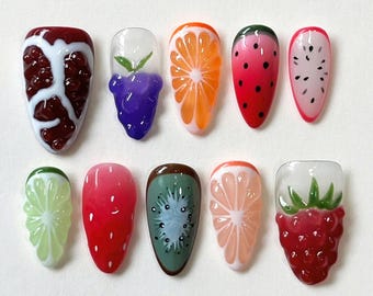 Hand-painted Vibrant Summer Press On Nails, Summer Almond Set Nail with Tropical Fruit, 3D Nail Art, Summer Nails, Floral Nail Designs, Gift