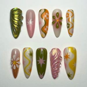 Hand-painted Free Style Press On Nails, Fairycore Nails, Dreamy nails, Long Almond Nail, Fake Acrylic Press On, 3D Gel Nails, Holiday Nails.