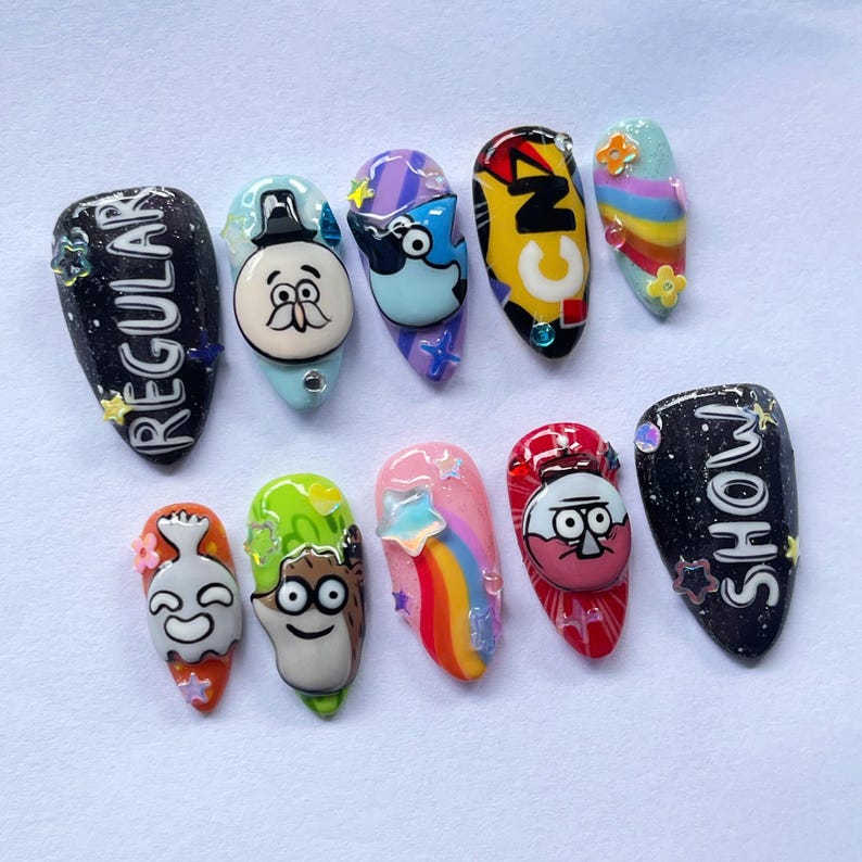 cartoon press on, 3d nail art, handmade nails, anime nail design, colorful false nails, cute cosplay nails, fun nail art, kawaii press on, cartoon nail gift, unique nail art, playful nails, animation nails, handmade gift