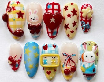 Cute Bunny & Retro Cartoon Nail Art, Handmade 3D Press On Nails with Cherries, Bows, Apple, and Vintage TV Design, Fantasy Nails, Party Nail