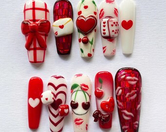 Valentine Press On Nails, Unique Red Cherry & Heart Nail Set, Hand Painted Love Nails, Kiss Print, Bow Nails, Custom Romantic Nails Gift