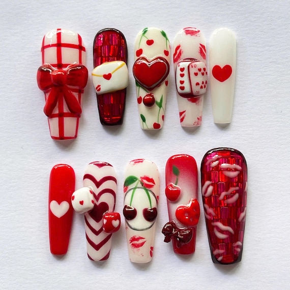 Valentine Press On Nails, Unique Red Cherry & Heart Nail Set, Hand Painted Love Nails, Kiss Print, Bow Nails, Custom Romantic Nails Gift