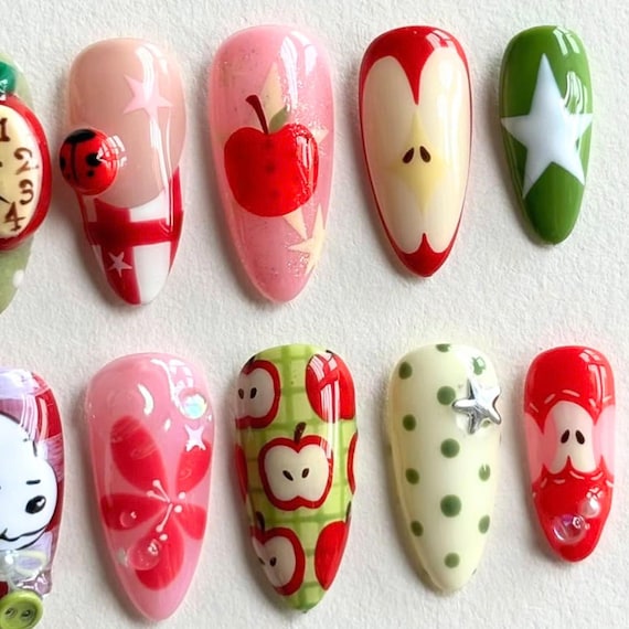 Garden Apple Press on Nails, Coloful Almond Nail Set, Custom Red