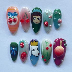 Handmade Cute Cherry Cartoon Almond Nail Set, 3D Fruit, Dog & Nara Press On Nails with Bows, Strawberries, Fantasy Nails, Nara Yoshimoto.