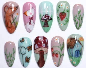 Uñas postizas de animales kawaii, diseño de uñas de fantasía 3D, uñas kawaii caprichosas, uñas de verano, dibujos animados, estilo fantasía, juego de uñas divertido y divertido.