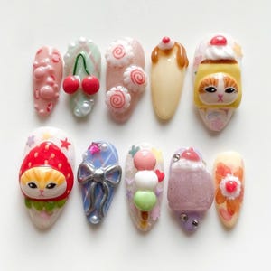 Unique Almond Nail Set with Cake, Cherry, Cat Nails, Funny Nails, Cute Nails, Fantasy Nails, Trendy Nails, Animal Nail Art, Gift for her.