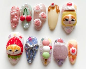 Unique Almond Nail Set with Cake, Cherry, Cat Nails, Funny Nails, Cute Nails, Fantasy Nails, Trendy Nails, Animal Nail Art, Gift for her.