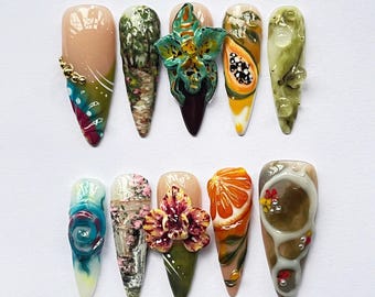 Hand Painted Botanical Press On Nails | 3D Flower & Fruit Art Nails | Nature Aesthetic Nail Set | Artistic Custom Reusable Nails for Women