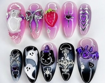 Handgefertigte schwarz-rosa Presse auf den Nägeln, Mandelnagelset mit Geist, Tier, Herbstpresse auf den Nägeln, kurzer Nagel, Halloween-Nägel, Urlaub/Party-Nagel