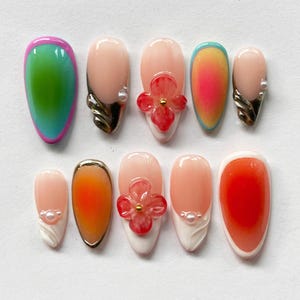 Spring French Press On Nails, Vibrant Summer Nails, Reusable Press On Nails, 3D Flower Nails, Airbrush Nail, Daily Nails, Party/Holiday Nail