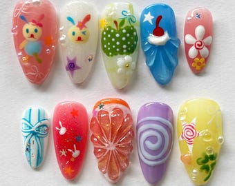 Fantasy Bear Press On Nails, Almond Nail Set with Teddy Bear, Fruit, Cartoon Nails, Pink Nails, Funny Nails, Party Nails, Summer Nails, Gift