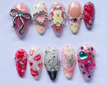 Valentine Press On Nails, Cute Pink Teddy Bear Nails, Heart Bow Kawaii Nails, Romantic Handmade Nail Set Gift for Her, Love Nail Art