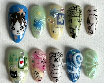 Handmade Totoro Press On Nails, Ghibli Totoro & Friends Nail Set, Forest Spirit, Soot Sprite Set, Whimsical Inspired Nail Art, Cute Nails.