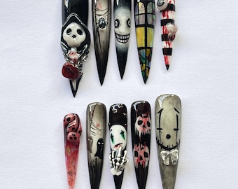 Presse horreur sur les ongles, Set d'arts d'ongles gothiques effrayants 3D, Ongles effrayants faits main, Ongles sombres d'Halloween, Ongles effrayants personnalisés uniques pour les fans