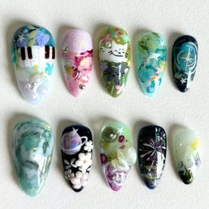 Uñas postizas hechas a mano, uñas almendradas con gato depredador, pez, uñas divertidas, uñas de anime, uñas kawaii, uñas de dibujos animados, uñas de fantasía