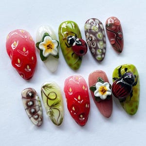 Handmade Plumeria Flower Press On Nails, Unique Almond Nail Set, 3D Fruit Nails, Spring Nail, Colorful Nail, Summer Nails, Ladybug Nails.