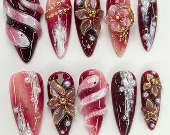 Handmade Spring Snake Nail Art, 3D Floral & Serpent Design, Pink Burgundy Press-On Nails, Elegant Lunar New Year Nail Set, Holiday Nails.