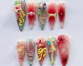 Handmade Spring Floral Press On Nails – 3D Flower Art, Pink Gradient Cute Nails, Korean Aesthetic Spring Nails, Gift for Her, Reusable Nails