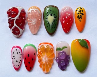 Summer Fruit Press On Nails, Custom 3D Fruit Nail Art, Colorful Tropical Fake Nails, Cute Citrus Strawberry Kiwi Almond Nail Set, Party Nail