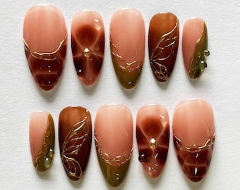 Autumn Flower Press On Nails, Almond Nail Set with Amber Color, Gems, Fall Press On Nails, Short Nails, Brown Nails, Holiday/Party Nails.