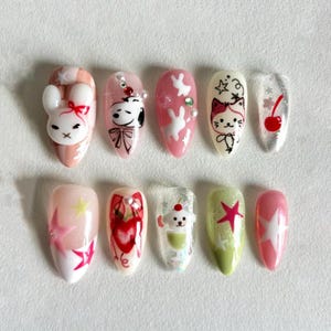 Hand-painted Cartoon Press On Nails, Almond Nail Set with Miffy, Cartoon Nail, Cute Nail, Funny Nail, Bunny Nails, Kawaii Nail, Fantasy Nail