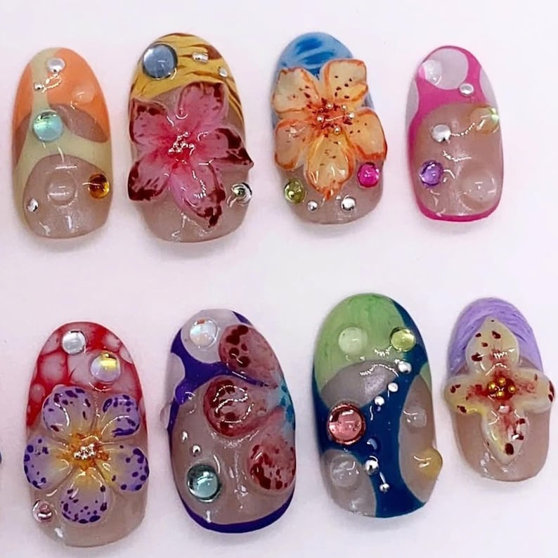 press on nail, fake nail, 3d gel nail, Almond nail, spring nails, 3D gel nails, Flower nails, floral nails, prom nails, holiday nail, vacation nail, acrylic press on, short press on nail