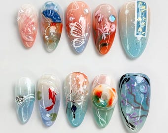 Uñas prensadas de almendra primaveral vibrantes hechas a mano, diseño único con peces koi y jade, uñas asiáticas de moda, uñas chinas, uñas japonesas, regalos