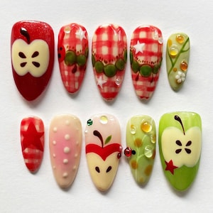 Handgefertigte hungrige Raupe Drücken Sie auf die Nägel, einzigartiges Mandelnagel-Set, 3D-Fruchtnägel, Frühlingsnagel, bunter Nagel, Sommernägel, Valentinsnagel