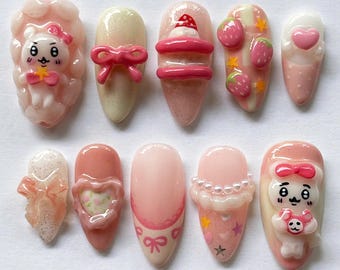 Unique Chiikawa Press On Nails, Japanese Inspired Nails, Kawaii Nail Art, Cartoon Nails, Birthday Nail, Medium Almond Nail Set, Fantasy Nail