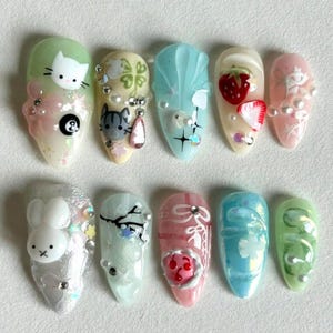 3D Bunny, Cat Press On Nails, Almond Nails Set with Strawberry & Floral, Whimsical Pastel Nail Art, Kawaii Nails, Cartoon Nails, Trendy Nail