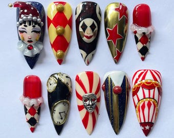 Circus Clown Press On Nails, Harlequin Red Gold Nail Art, Handmade Carnival Fake Nails, Gothic Festival Theatrical Costume Nail Gift for her