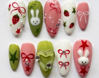 Handmade Cartoon Press On Nails, Almond Nail Set with Miffy, 3D Heart, Cute Nails, Funny Nails, Bunny Nails, Kawaii Nails, Valentine Nails