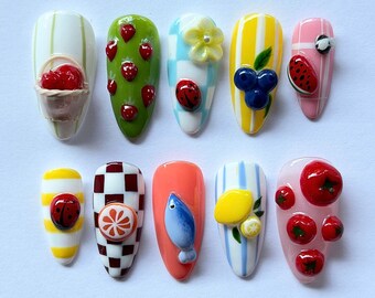 Fruit Picnic Press On Nails Medium Almond, Handmade Gel Summer Foodie Nail Set