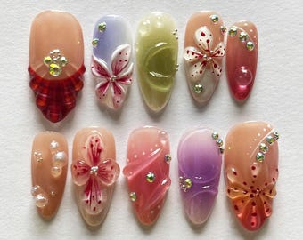 Uñas postizas con flores 3D, uñas acrílicas de primavera, uñas de gel hechas a mano, uñas florales, uñas para graduación y vacaciones, uñas cortas, uñas cromadas