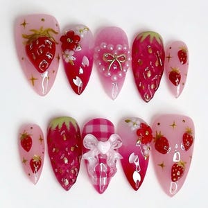 Unique Almond Nail Set, Handmade 3D Strawberry Press On Nails, 3D Fruit Press On Nails, Spring Nail, Pink Nail, Summer Nails, Valentine Nail
