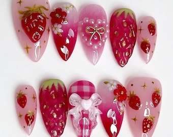 Unique Almond Nail Set, Handmade 3D Strawberry Press On Nails, 3D Fruit Press On Nails, Spring Nail, Pink Nail, Summer Nails, Valentine Nail