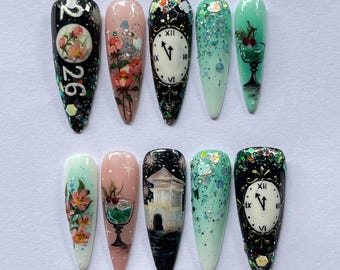 Uñas postizas pintadas a mano con diseño de reloj y flores, arte de uñas vintage inspirado en relojes, uñas personalizadas para Año Nuevo, set de uñas único hecho a mano, regalo para ella