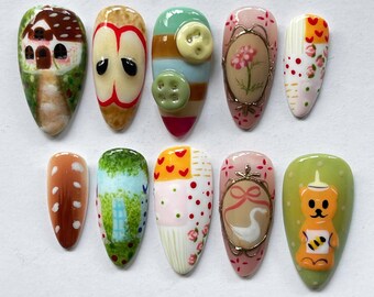 Conjunto de unhas pintadas à mão com tema de fazenda feliz, unhas postiças exclusivas feitas à mão, unhas personalizadas divertidas e criativas, unhas de desenho animado, unhas para festa.