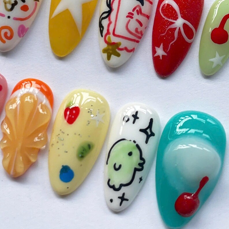 Cartoon Nails, Kawaii Nails, Pastel Nails, Unique Nails, Character Nails, Handmade Nails, Custom Nails, Fantasy Nails, Colorful Nails, Star Nails, 3D Charm Nails, Cute Nails, Artistic Nails, Cartoon Nails