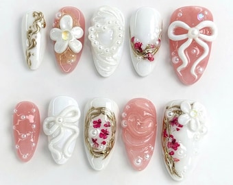 Wedding Theme Press On Nails, White Fake Acrylic Nails, Reusable Nails, Almond Nail Set, Stunning Blossom Nail Art, Bridal Nail, Flower Nail