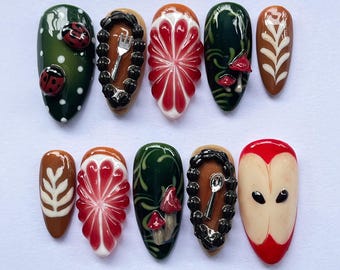 Unique Spring Press On Nails, Medium Almond Nail Set with 3D Ladybug & Floral Nail Art, Garden Inspired False Nails, Holiday/Party Nails.
