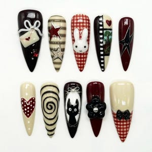 Unique Almond Nail Set with Miffy, Black Stars, Heart, Bow, Romantic Valentine Nails, Black Nails, Trendy Nails, French Tips Nail Art, Gifts