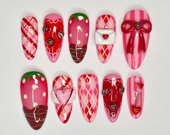 Long Almond Nail Set with Love Letter, Heart, Bow, Romantic Valentine Nails, Red Nails, Trendy Nails, French Tips Nail Art, Party Nail, Gift