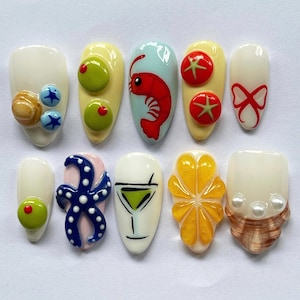 Handmade Summer Beach Press On Nails, 3D Cocktail Fruit Sea Shell Shrimp Nail Art, Vacation Tropical Fake Nails Set, Holiday/Party Nails.