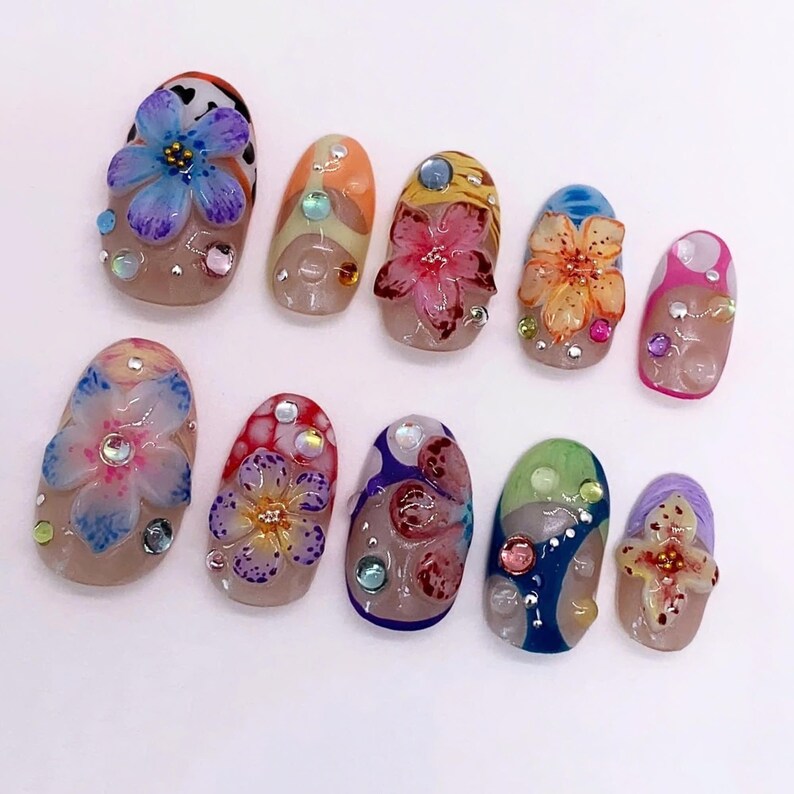 press on nail, fake nail, 3d gel nail, Almond nail, spring nails, 3D gel nails, Flower nails, floral nails, prom nails, holiday nail, vacation nail, acrylic press on, short press on nail