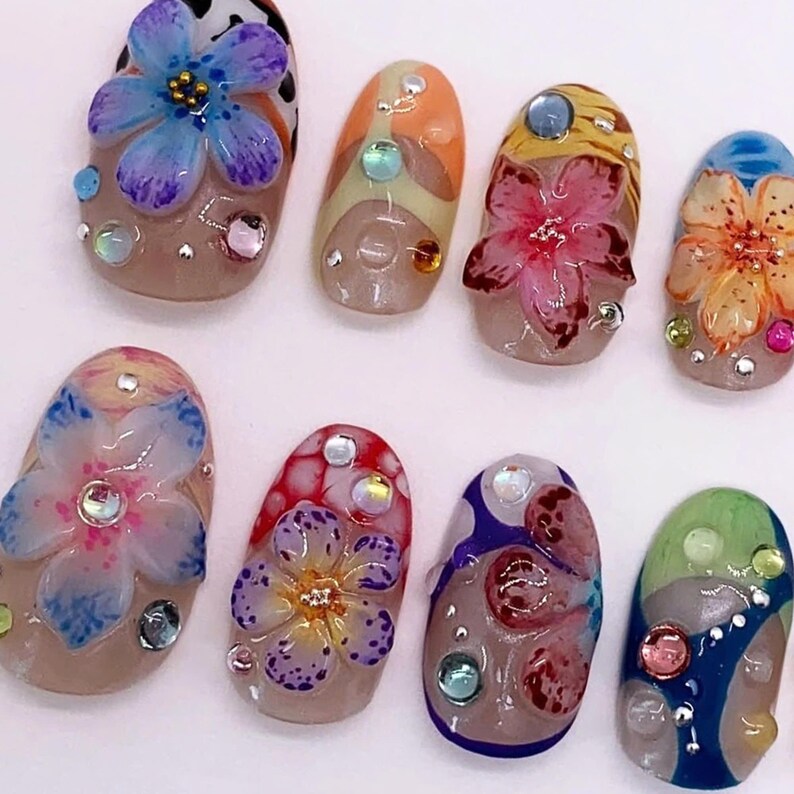 press on nail, fake nail, 3d gel nail, Almond nail, spring nails, 3D gel nails, Flower nails, floral nails, prom nails, holiday nail, vacation nail, acrylic press on, short press on nail