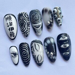 Halloween Press On, Horror Nail Art, Uzumaki Nails, Creepy Fake Nails, Scary Nail Design, Black White Nails, Gothic Press On, Handmade Nails, Anime Nail Art, Spooky Nail Set, Dark Anime Nails, Weird Nail Design, Horror Theme Nails, Cosplay Nails, Clown Nail Set, Holiday Nails, Party Nails