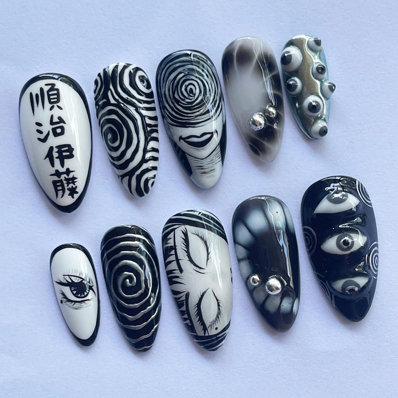 Halloween Press On, Horror Nail Art, Uzumaki Nails, Creepy Fake Nails, Scary Nail Design, Black White Nails, Gothic Press On, Handmade Nails, Anime Nail Art, Spooky Nail Set, Dark Anime Nails, Weird Nail Design, Horror Theme Nails, Cosplay Nails, Clown Nail Set, Holiday Nails, Party Nails