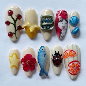 Handgemachte niedliche 3D-Druck auf den Nägeln, Obsttierkarikatur-Nagelkunst, Kawaii-Sommer-Fake-Nägel, Spaß-kundenspezifischer Mandel-Nagel-Satz für Geschenk oder tägliche Abnutzung