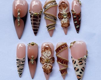 Brown Orchid Press On Nails with Leopard Print, Gold Details, Long Luxury Floral Nails, Trendy Neutral Nails for Everyday & Special Events